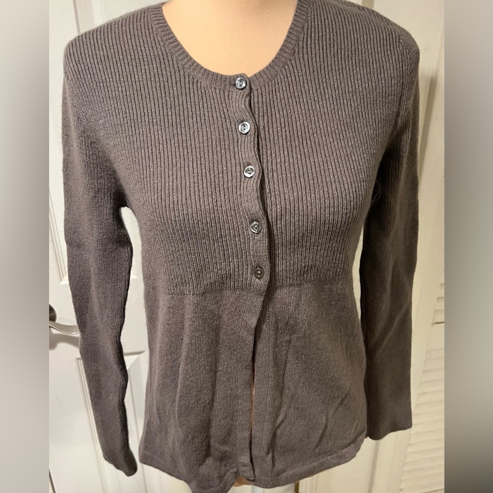 Garnet Hill Brown Taupe Ribbed Button-Front Wool Cardigan